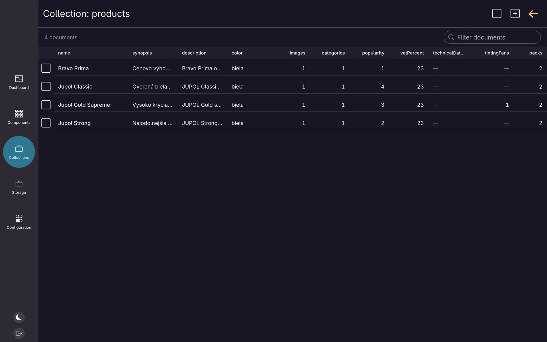 The collection list: a table of documents with a filter