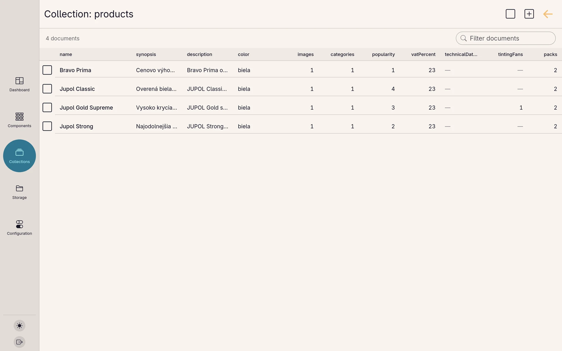 The collection list: a table of documents with a filter