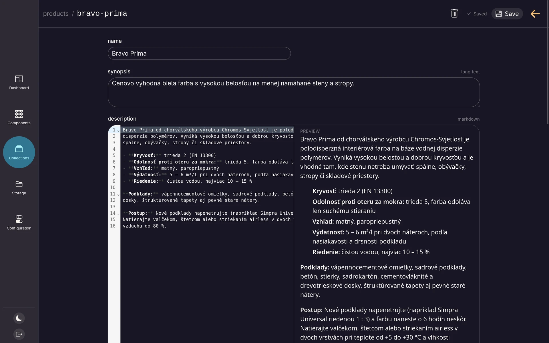 The document editor with a markdown field and live preview