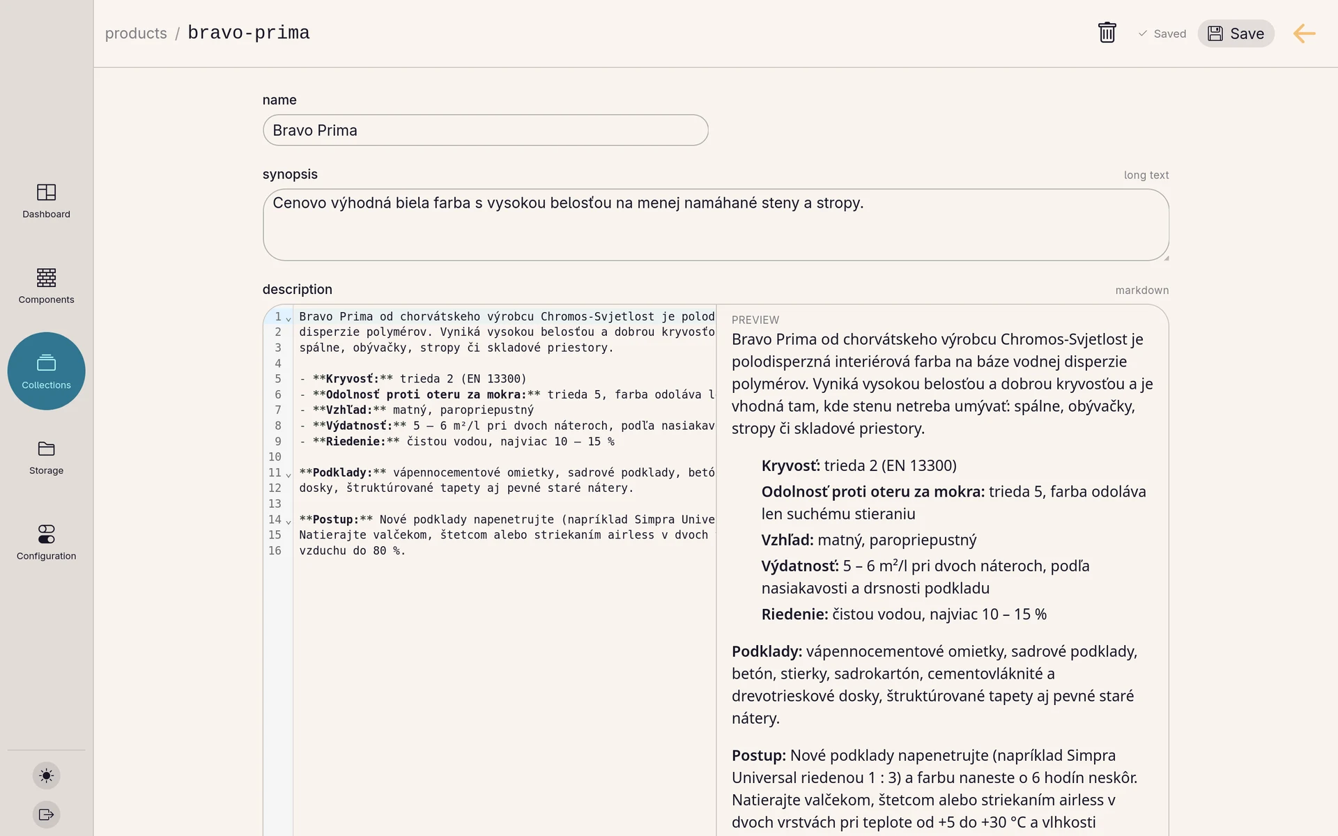 The document editor with a markdown field and live preview