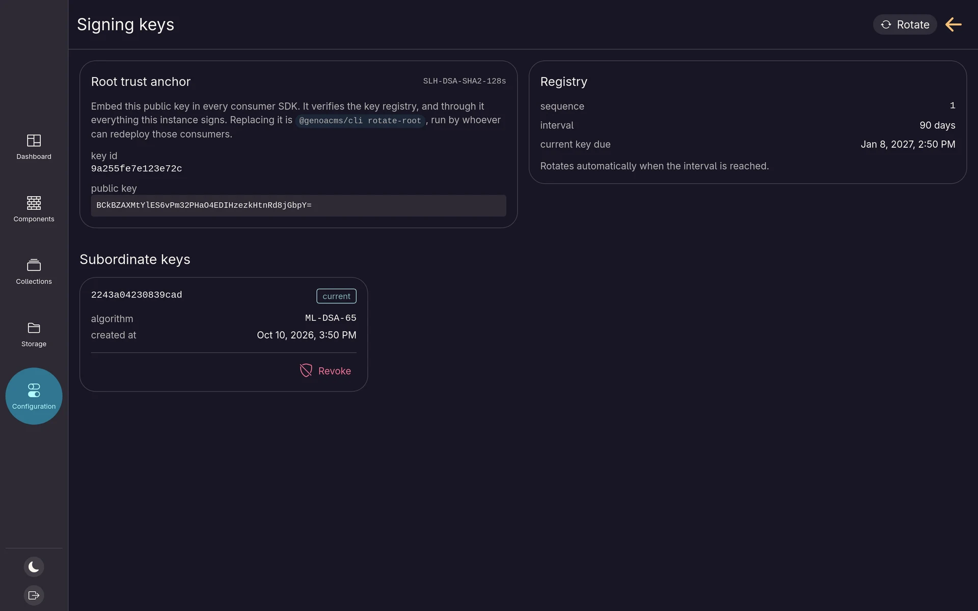 The signing keys page with the root trust anchor and the key registry