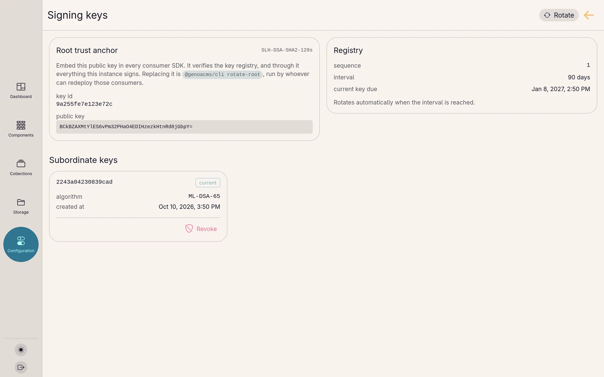 The signing keys page with the root trust anchor and the key registry